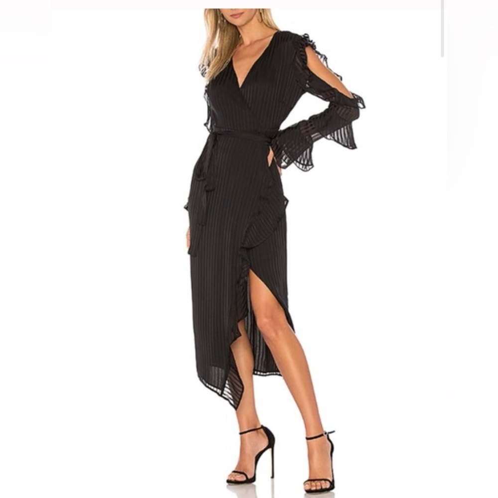 Bardot‎ Midnight Dress Black Damask Stripe Ruffle Midi Wrap Size 8 NWT